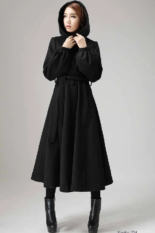 Black wool coat - womens swing coat with tie belt waist long sleeve winter coat 724# Functional Travel Jacket