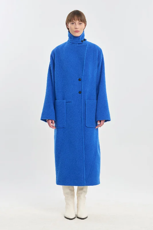 Blue chunky wool blend tailored coat Fur-Lined Aviator Coat