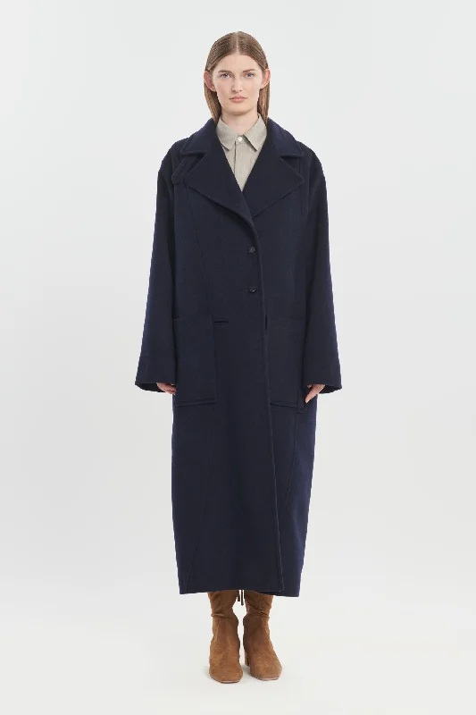 Dark blue soft fleece wool tailored coat Fur-Lined Aviator Coat