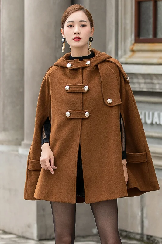 Brown Hooded Wool Cape Coat 3142 Sleeveless Puffer Vest