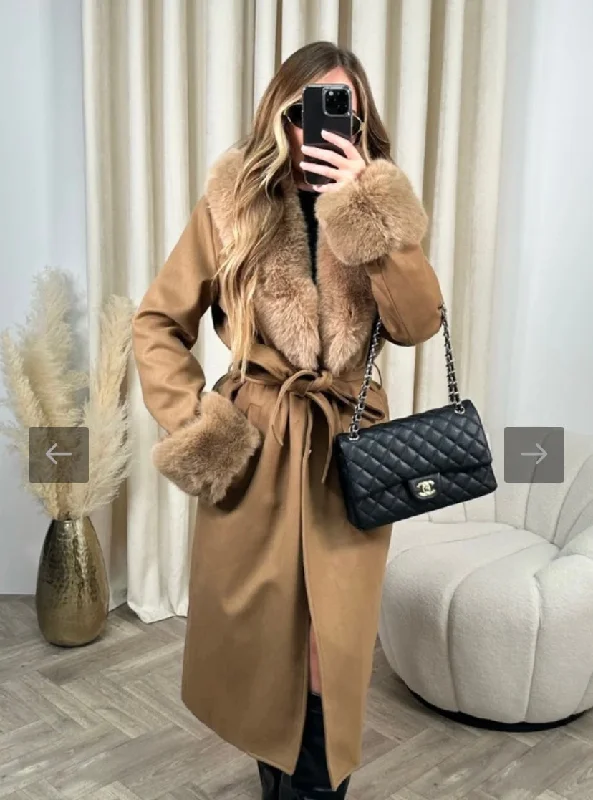 Hazel camel felt faux fur long coat Plush Faux Fur Bolero