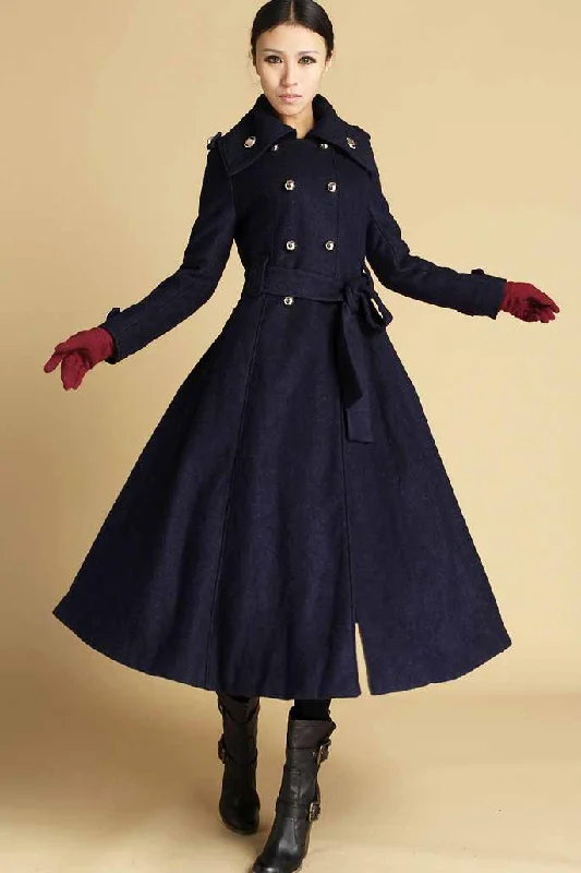 Classical Blue wool maxi  Coat for winter 0475# Quilted Hybrid Jacket