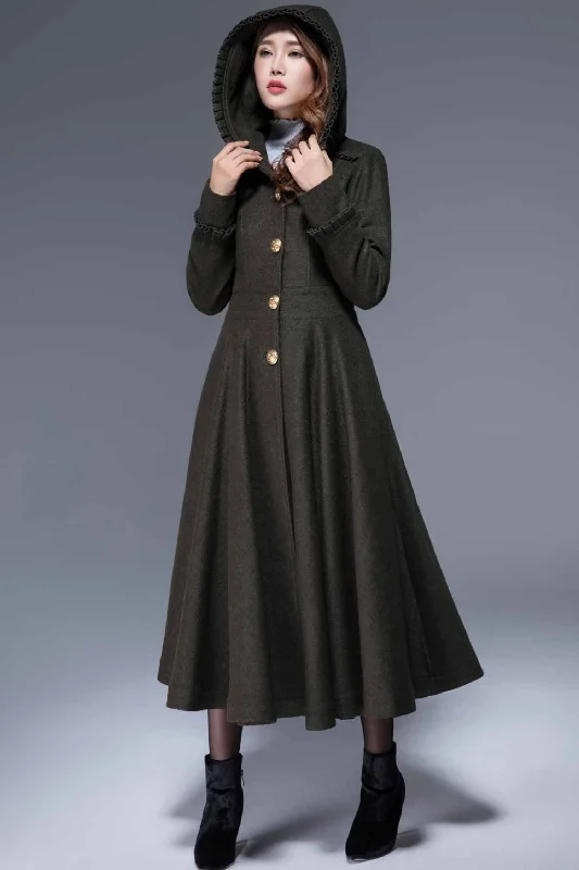 Army green fit and flare romantic wool coat 1823# Soft Cashmere Wrap