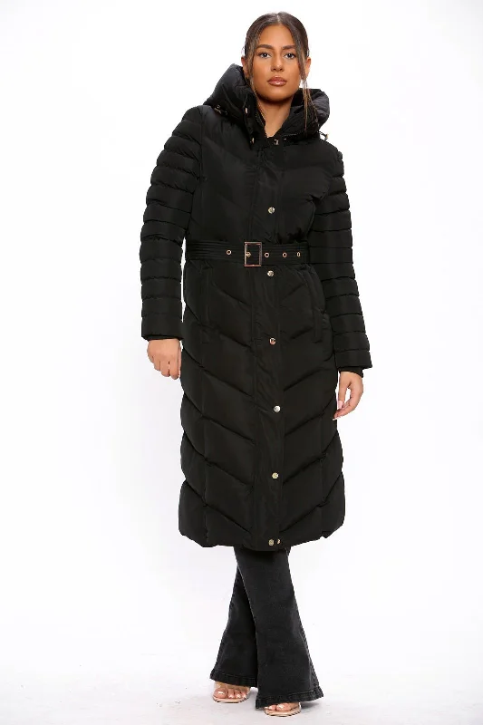 Black Long Full Sleeve  Puffer Padded Hooded With Front Button Belted Coat Soft Flannel Shacket