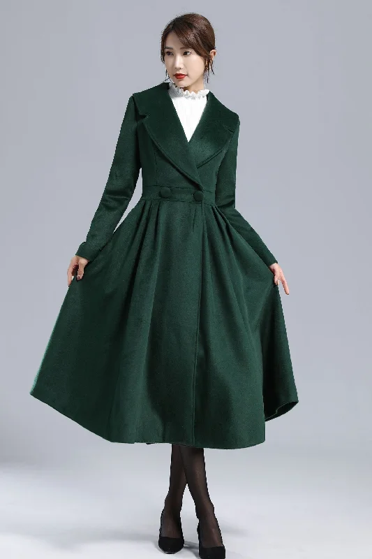 Dark Green Fit and Flare Wool Coat 3242 Embroidered Kimono Coat