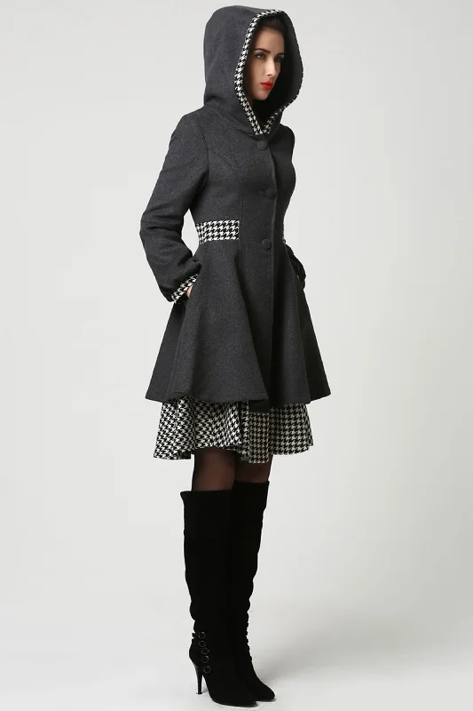 Dark Grey Wool and Houndstooth Fabric Midi Coat with Hood 1113 Flowy Lightweight Kimono
