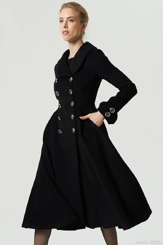 black winter double breasted wool coat  1976# Functional Travel Jacket