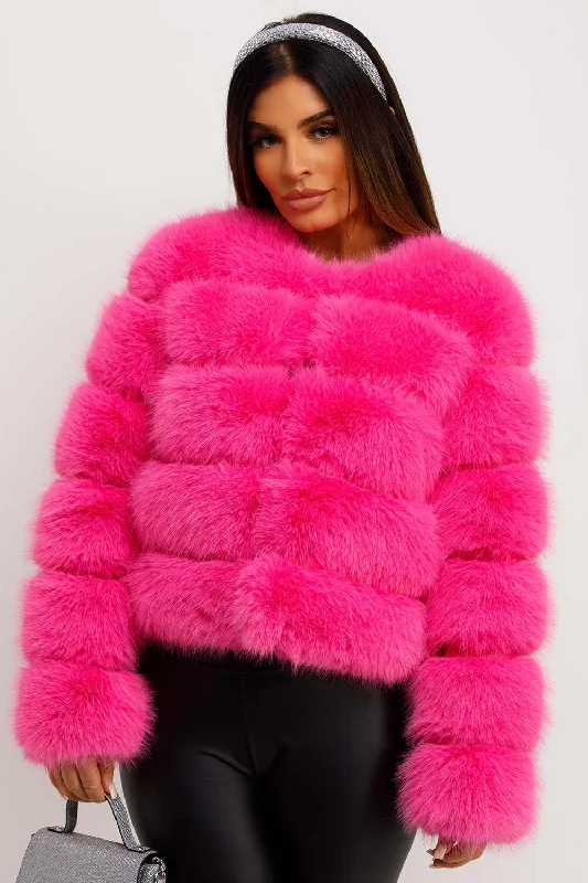Faux Fur Bubble Coat Bright Pink Stretch Fit Moto Jacket