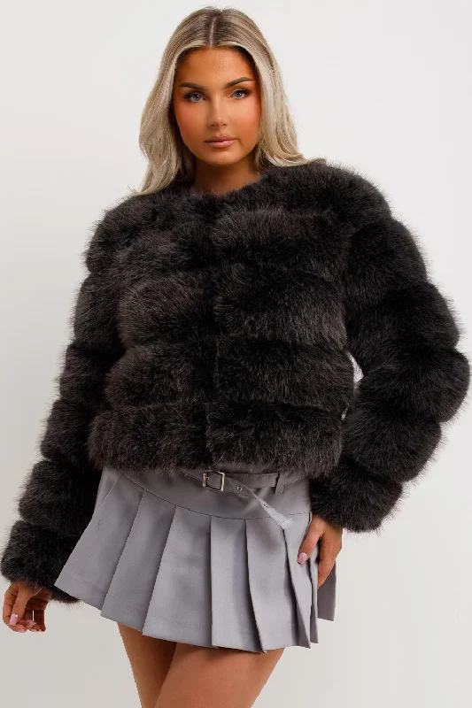 Faux Fur Bubble Coat Charcoal Grey Lightweight Utility Jacket