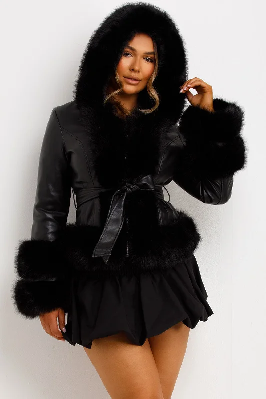 Faux Leather Fur Coat With Hood And Belt Black Puff Shoulder Coat