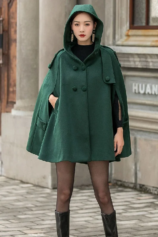 Green Hooded Wool Cape Coat Women 3141 Draped Collar Cardigan