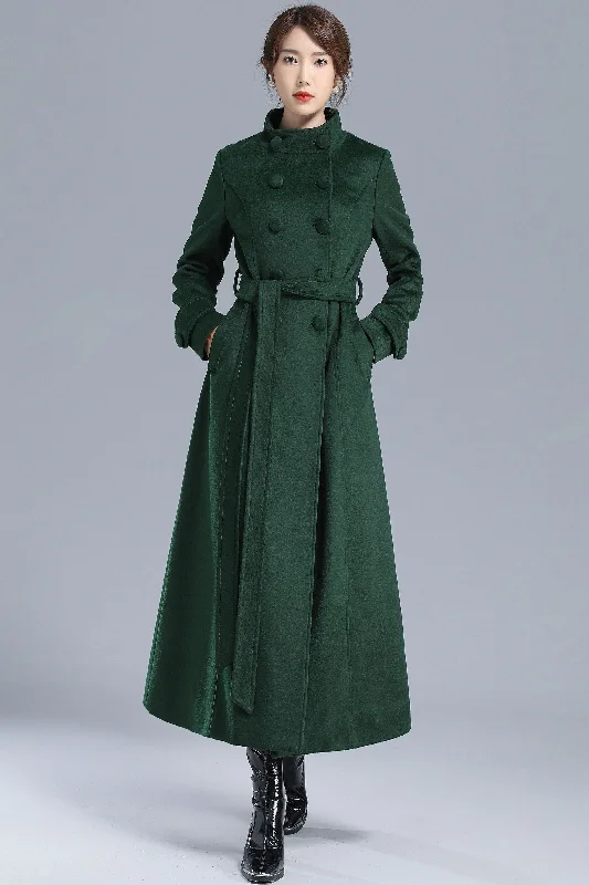 Green Long Wool Coat with Belt 3214 Classic Riding Jacket