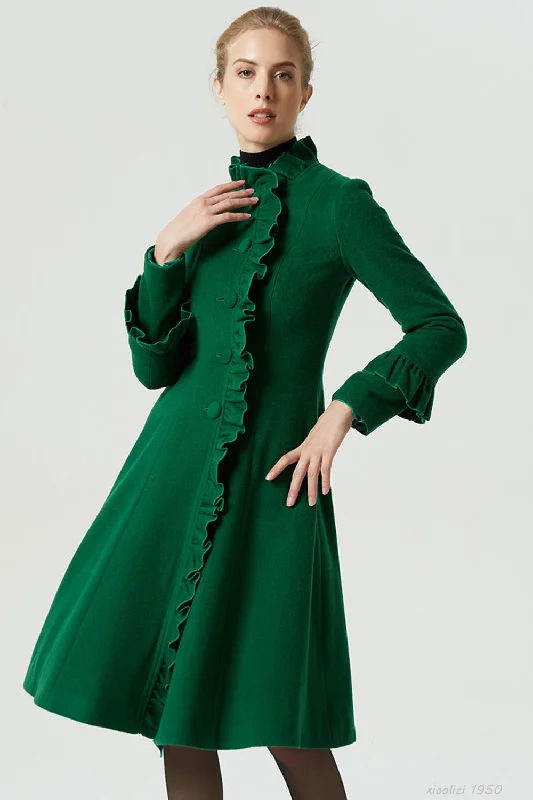 green midi wool coat with ruffle details 1950# Bold Color Block Coat