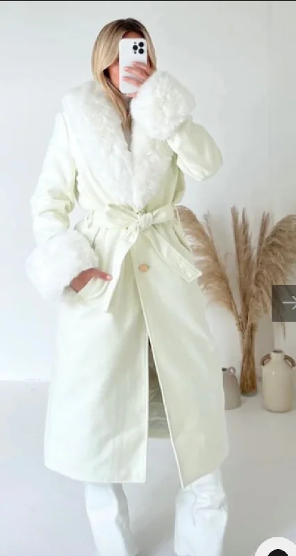 Hazel cream felt faux fur long coat Long Hooded Anorak