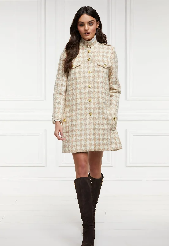 Highbury Cape Coat - Camel Houndstooth Elegant Satin Bolero