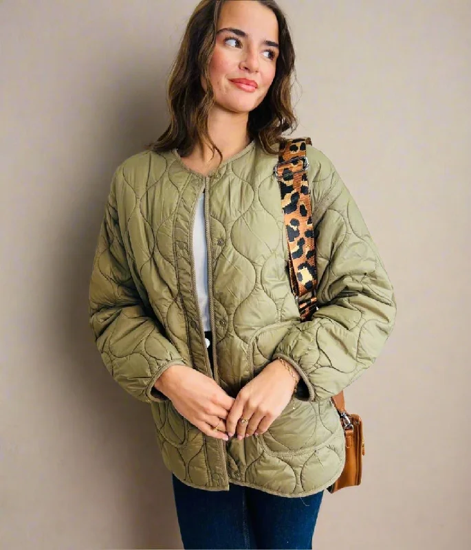 Khaki Shower Resistant Quilted Coat Relaxed Fit Blazer