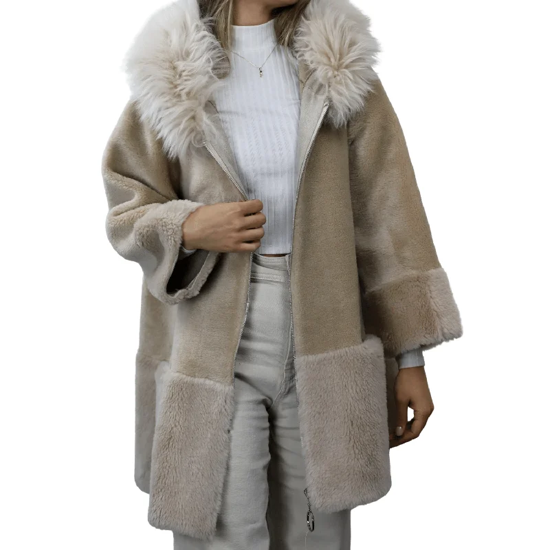La Fiorentina ¾ Shearling Coat w/ Australian Wool - Beige Hooded Raincoat Women