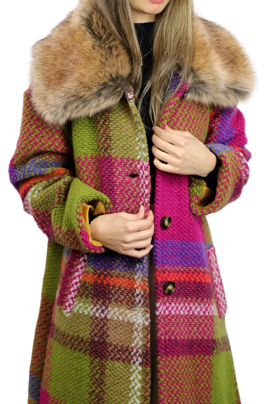 La Fiorentina Long Plaid Wool Coat w/ Faux Fur Trim - Fuchsia/Camel Recycled Down Jacket La Fiorentina Long Plaid Wool Coat w/ Faux Fur Trim - Fuchsia/Camel Recycled Down Jacket
