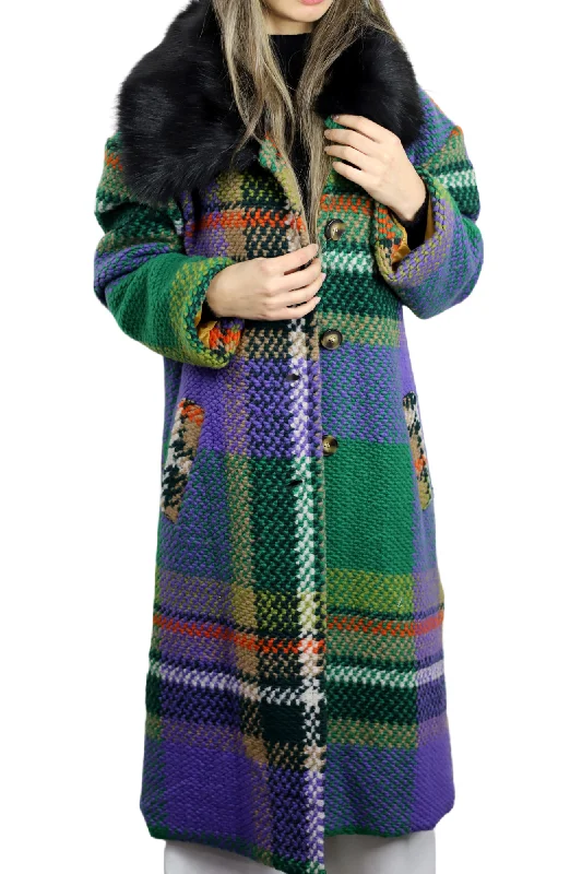 La Fiorentina Long Plaid Wool Coat w/ Faux Fur Trim- Green/Black Relaxed Utility Shacket La Fiorentina Long Plaid Wool Coat w/ Faux Fur Trim- Green/Black Relaxed Utility Shacket