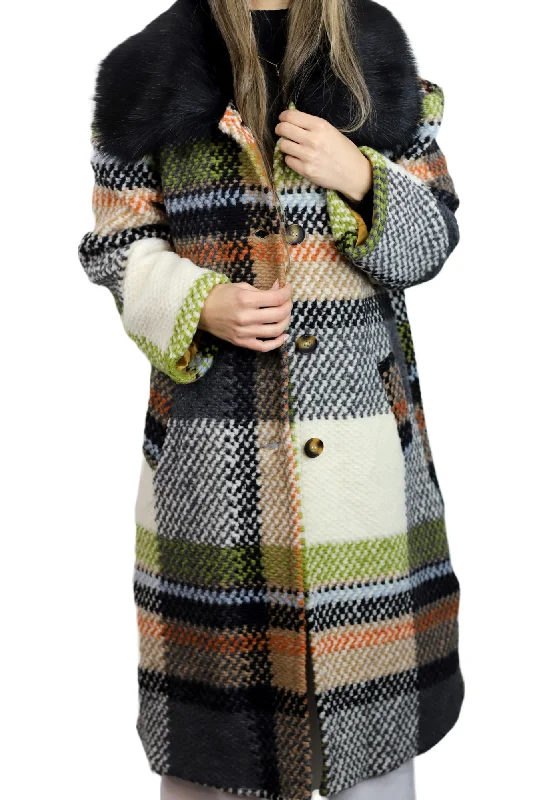 La Fiorentina Long Plaid Wool Coat w/ Faux Fur Trim - Ivory/Black Checkered Wool Shacket
