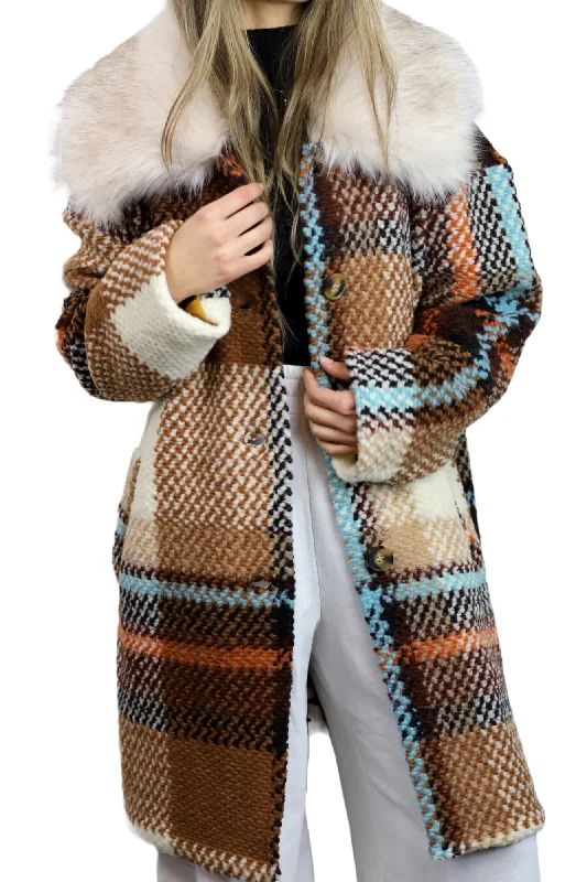 La Fiorentina Mid Length Plaid Wool Coat w/ Faux Fur Trim - Brown/Ivory Ruched Sleeve Blazer
