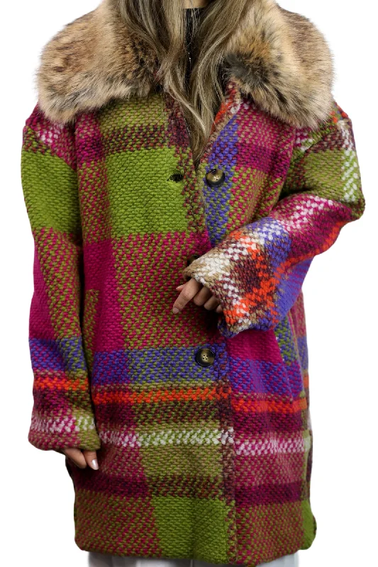 La Fiorentina Mid Length Plaid Wool Coat w/ Faux Fur Trim- Fuchsia/Camel Waterproof Rain Jacket La Fiorentina Mid Length Plaid Wool Coat w/ Faux Fur Trim- Fuchsia/Camel Waterproof Rain Jacket
