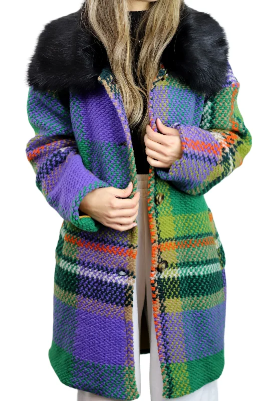 La Fiorentina Mid Length Plaid Wool Coat w/ Faux Fur Trim- Green/Black Longline Wool Coat La Fiorentina Mid Length Plaid Wool Coat w/ Faux Fur Trim- Green/Black Longline Wool Coat