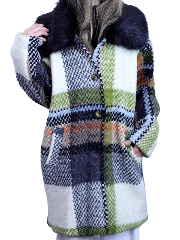 La Fiorentina Mid Length Plaid Wool Coat w/ Faux Fur Trim- Ivory/Black Elegant Wool Jacket La Fiorentina Mid Length Plaid Wool Coat w/ Faux Fur Trim- Ivory/Black Elegant Wool Jacket