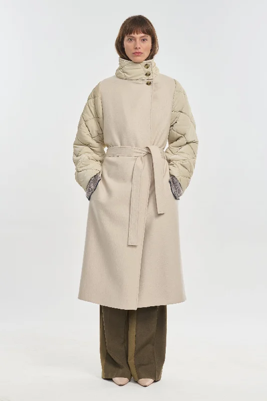 Light beige wool cashmere & quilt robe coat Puff Sleeve Blazer