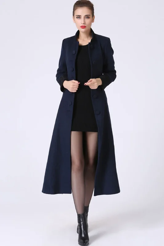Long blue wool coat women coat 1061# Puff Sleeve Blazer