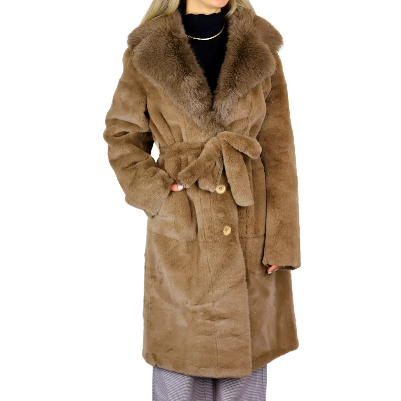 Long Faux Fur Waist Coat - Camel Fitted Faux Suede Blazer