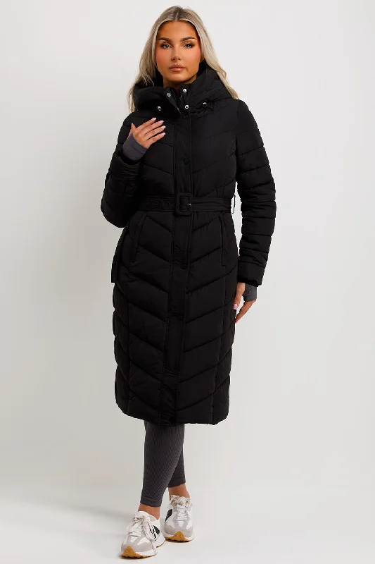 Long Padded Puffer Coat With Belt Black Stretch Fit Moto Jacket