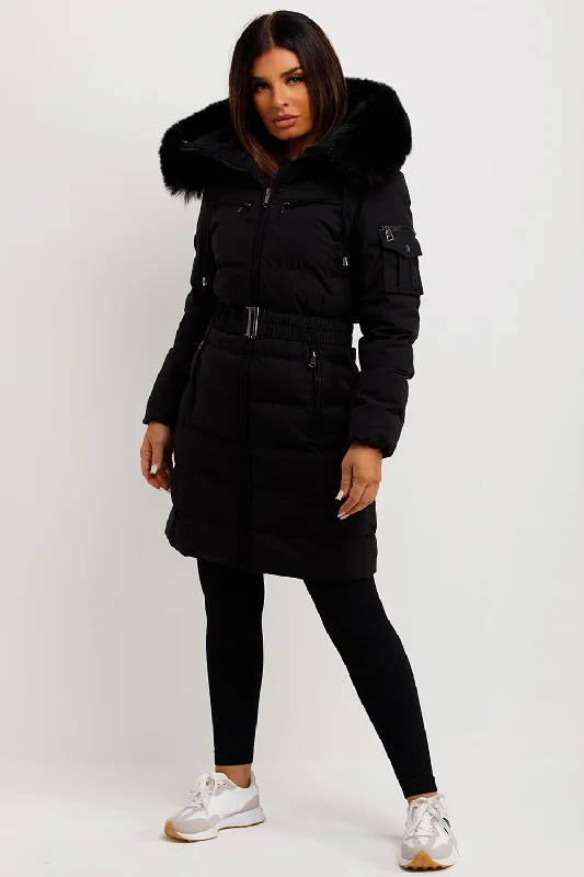 Long Puffer Coat With Fur Hood And Belt Black Stretchy Active Jacket