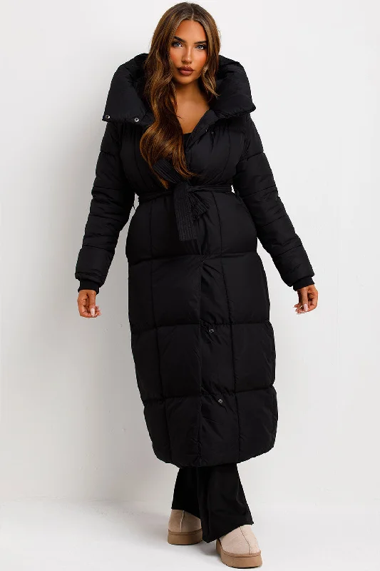 Long Puffer Coat With Hood And Belt Black Flowy Lightweight Kimono