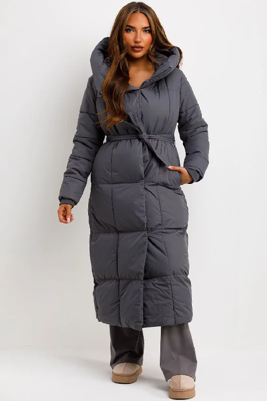 Long Puffer Coat With Hood And Belt Grey Vegan Leather Trench