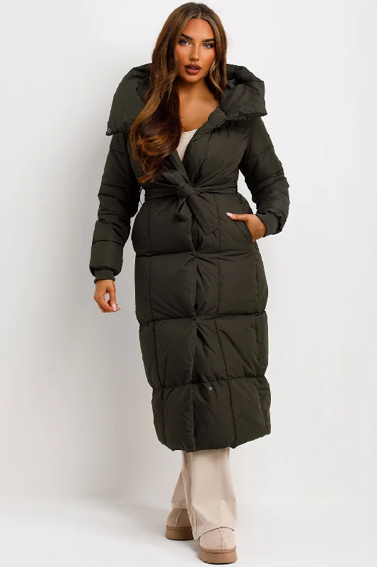 Long Puffer Coat With Hood And Belt Khaki Suede Fringe Jacket