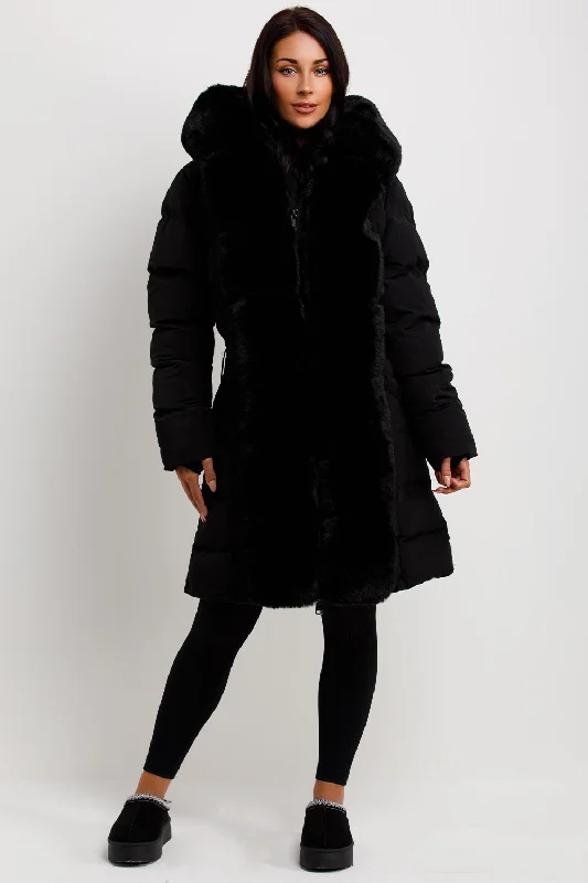 Black Long Puffer Padded Coat With Faux Fur Hood And Trim Minimalist Wool Duster