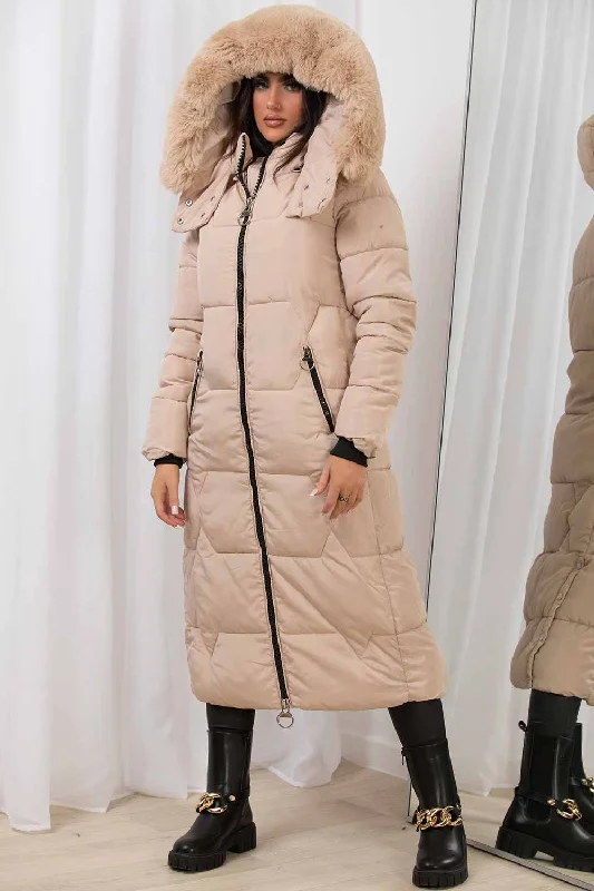 Long Puffer Padded Coat With Faux Fur Hood Beige Thick Layered Jacket