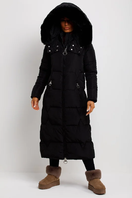 Long Puffer Padded Coat With Faux Fur Hood Black Hooded Parka Coat