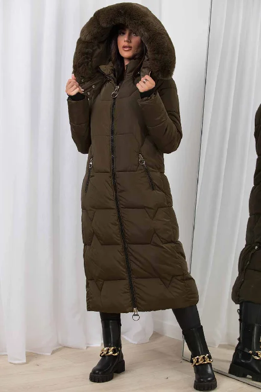 Long Puffer Padded Coat With Faux Fur Hood Khaki Cropped Moto Jacket
