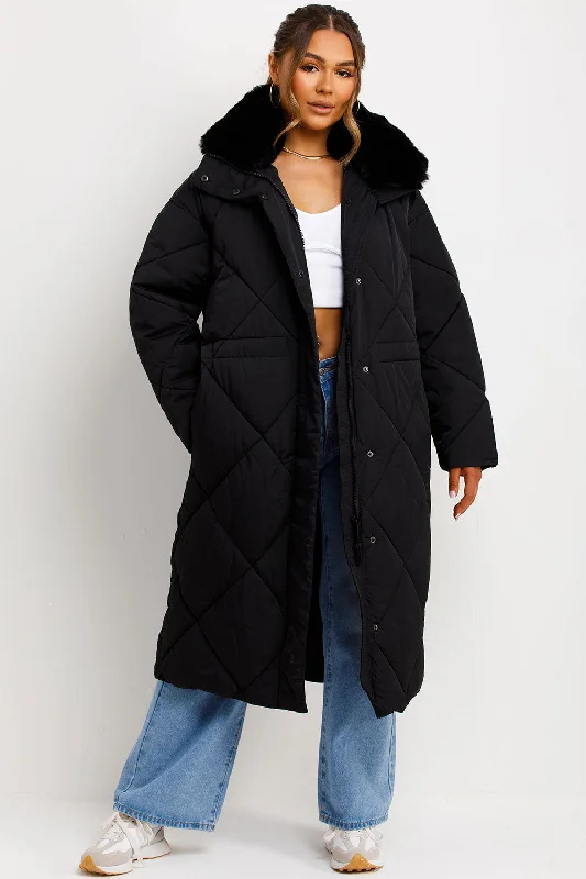 Long Puffer Quilted Coat With Fur Collar Black Pastel Wool Peacoat