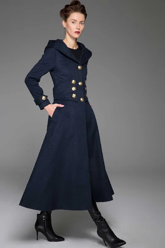 handmade hooded long wool coat in navy blue 1420# Ultra-Light Down Coat