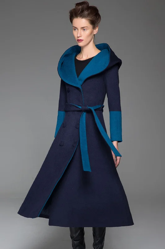 Navy blue long wool coat for winter with hood 1416# Longline Wool Coat