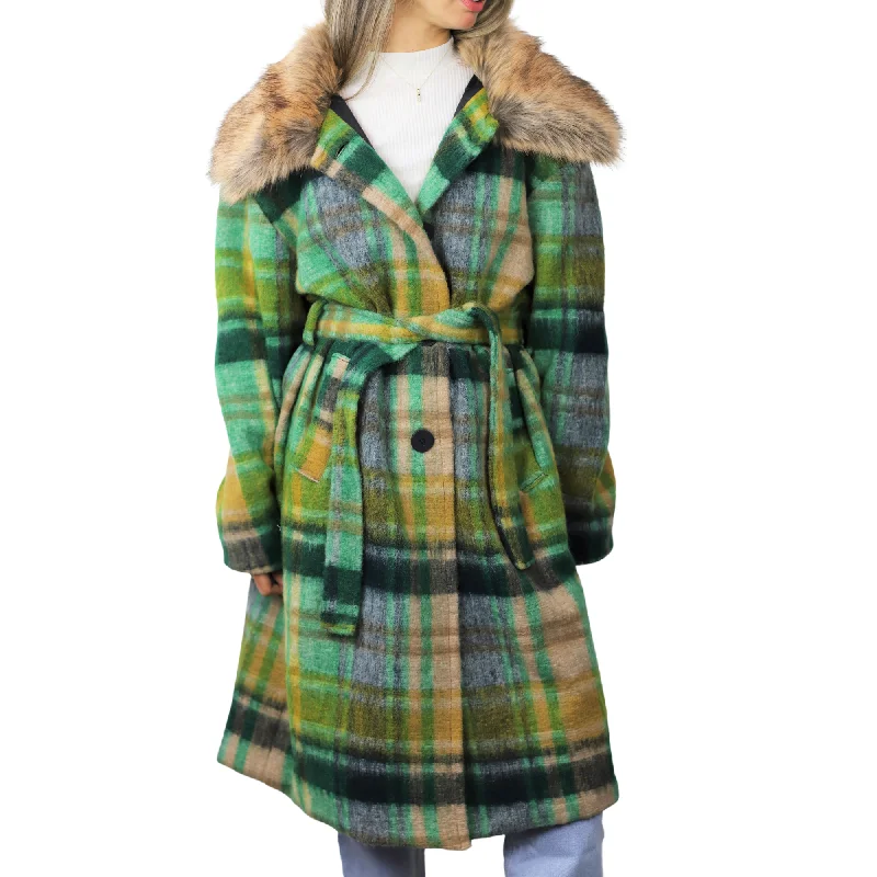 Plaid Long Coat with Trim / Tie Waist - Green Lightweight Utility Jacket