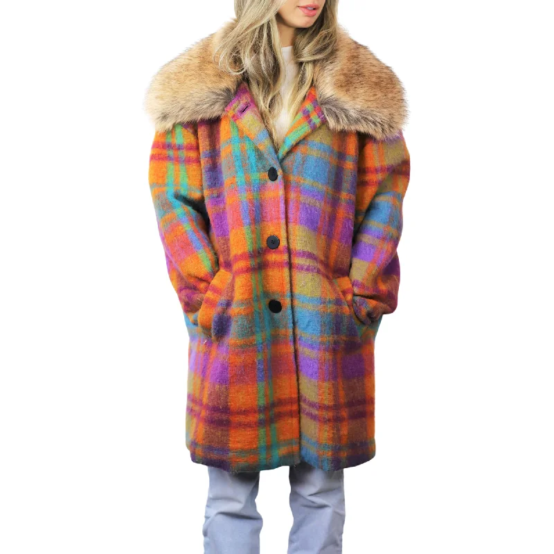 Plaid Mid length Coat with Trim - Orange Embroidered Kimono Coat