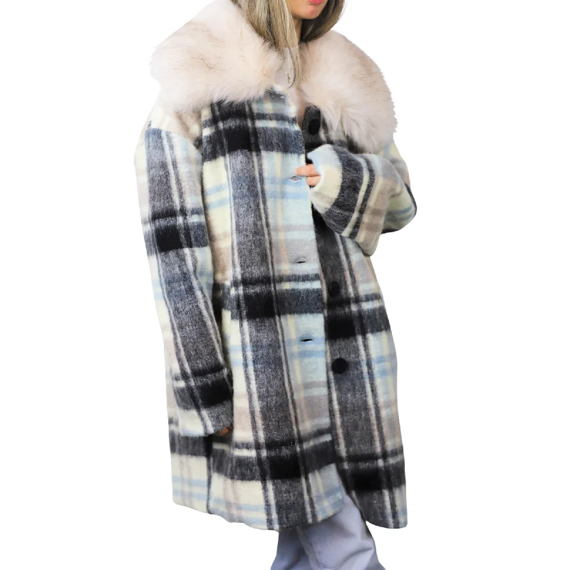 Plaid Mid length Coat with Trim - White Stretchy Active Jacket