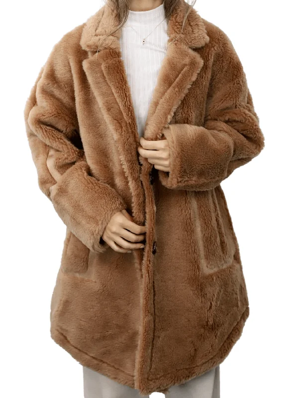 Plush Shearling and Suede Coat - Camel A-Line Swing Coat