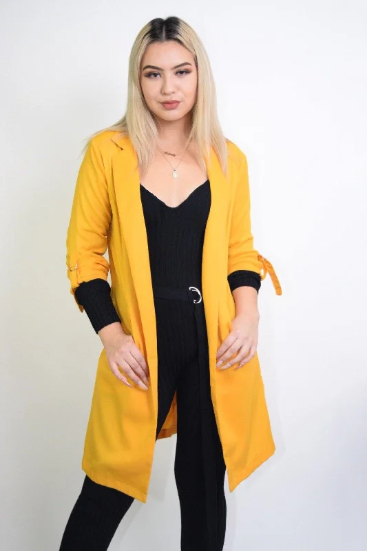 Priscilla, Long Sleeve Mustard Coat Draped Collar Cardigan