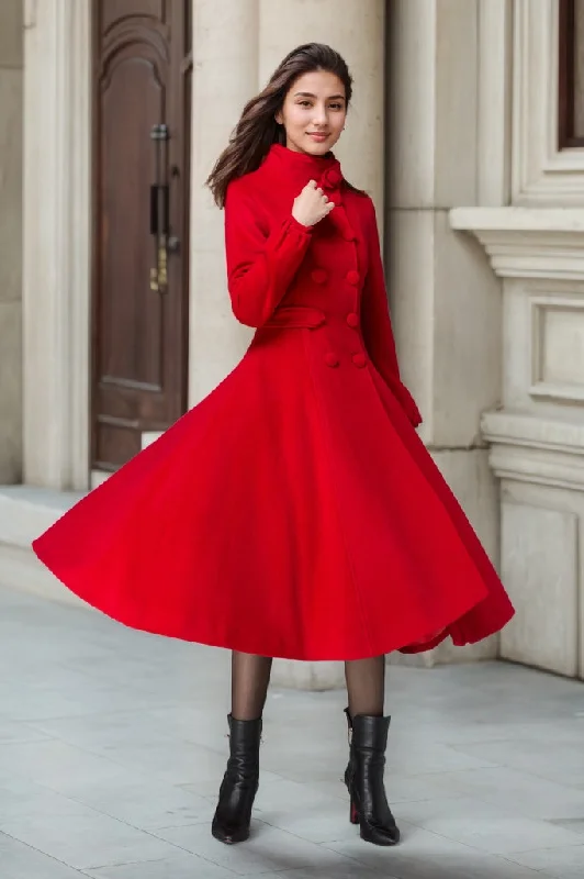 Red Fit and Flare Wool Long Winter Coat Women 1846# Thick Layered Jacket