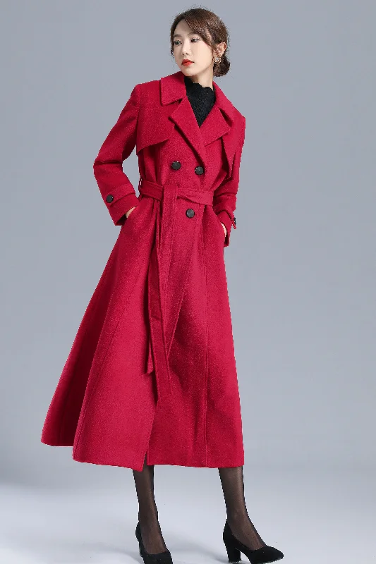 Red Long Wool Belted Coat Women 3206 Cropped Tweed Jacket